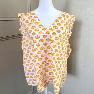 J Crew Factory 2X White Yellow Printed Flutter Sleeve Cotton Top Coastal Summer